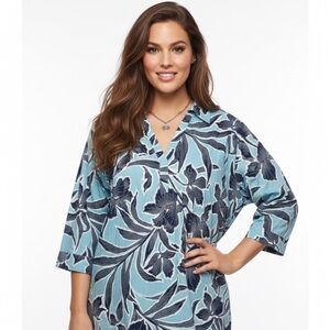 D & CO 4X Floral Adaptive Poplin Gulf Turquoise Blue Women's 3/4 Sleeve Plus Top
